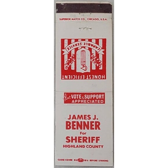 Superior Match Co Other - Vintage James J Benner Highland County Ohio Sheriff Matchbook Cover